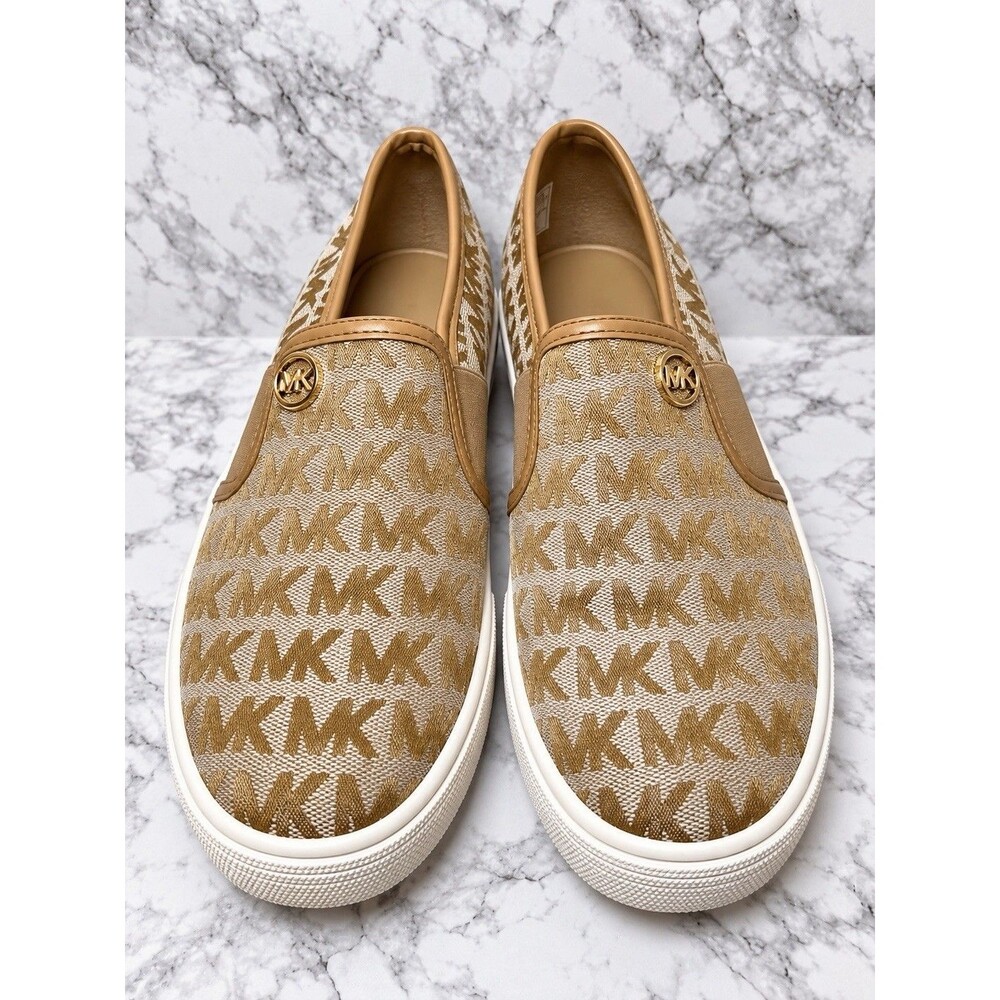 Michael Kors MK Frankie Slip On Sneakers Girls Size 3 Tan Logo Canvas Shoes